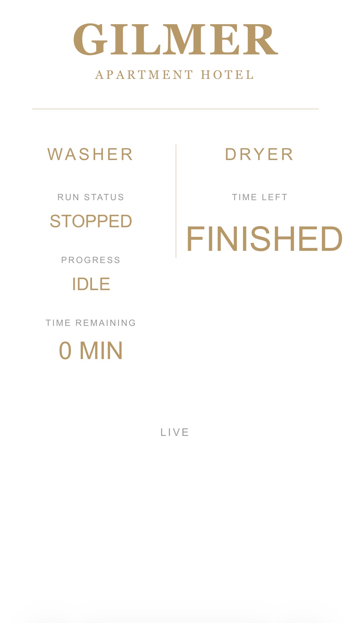 Gilmer Apartment Hotel live washer and dryer status screen.