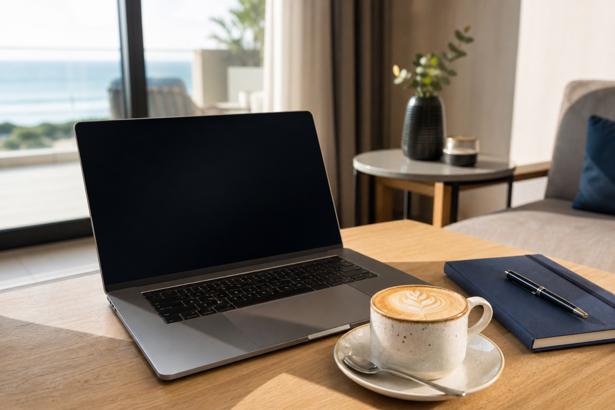Laptop and coffee for guest Wi-Fi password accommodation tips