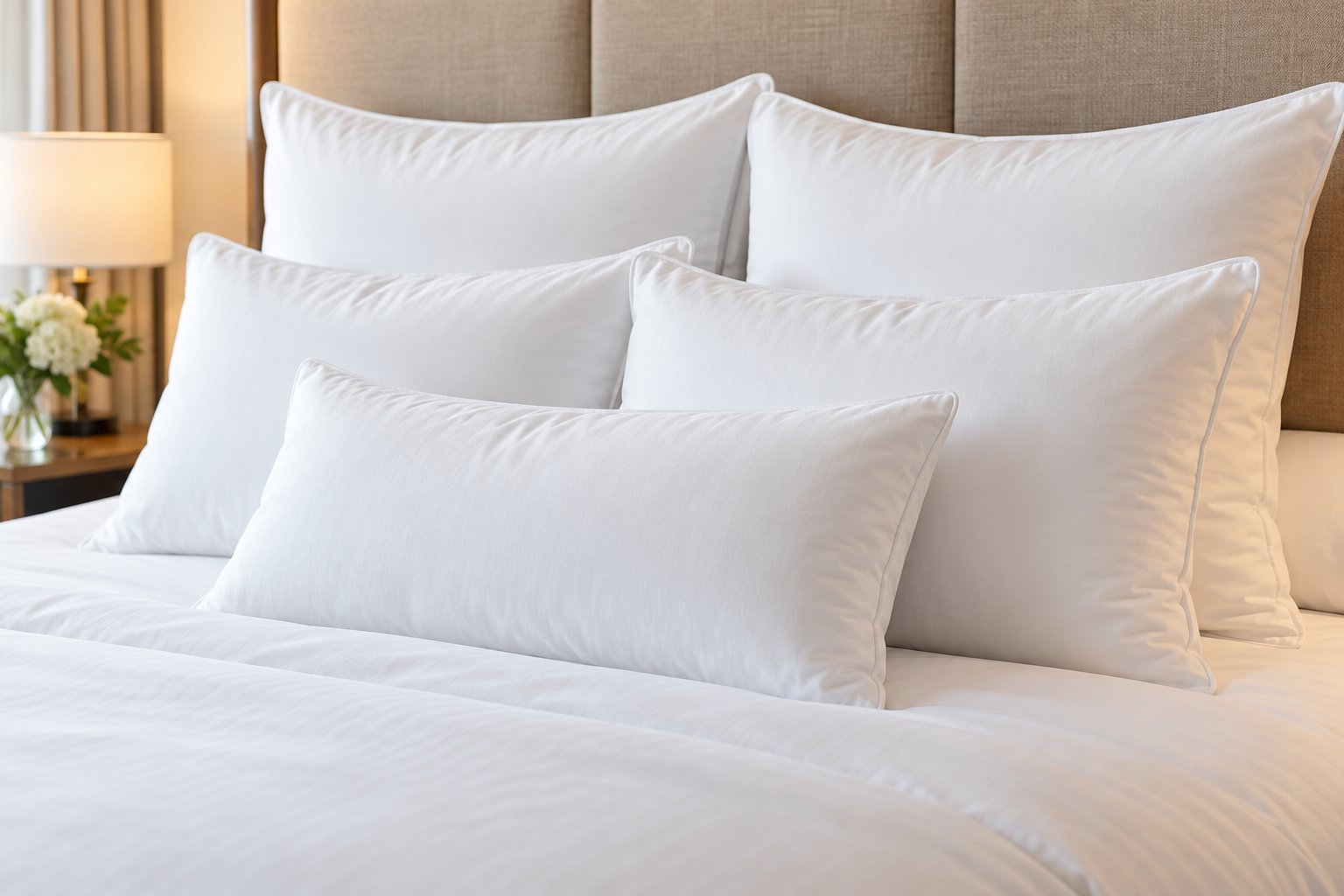 Fresh white hotel pillows in different sizes and thicknesses arranged on a bed.