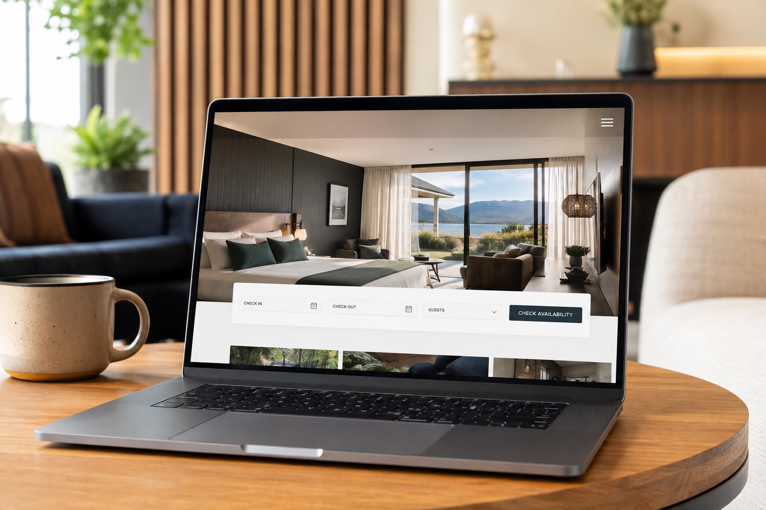 Modern laptop displaying an accommodation direct-booking website.