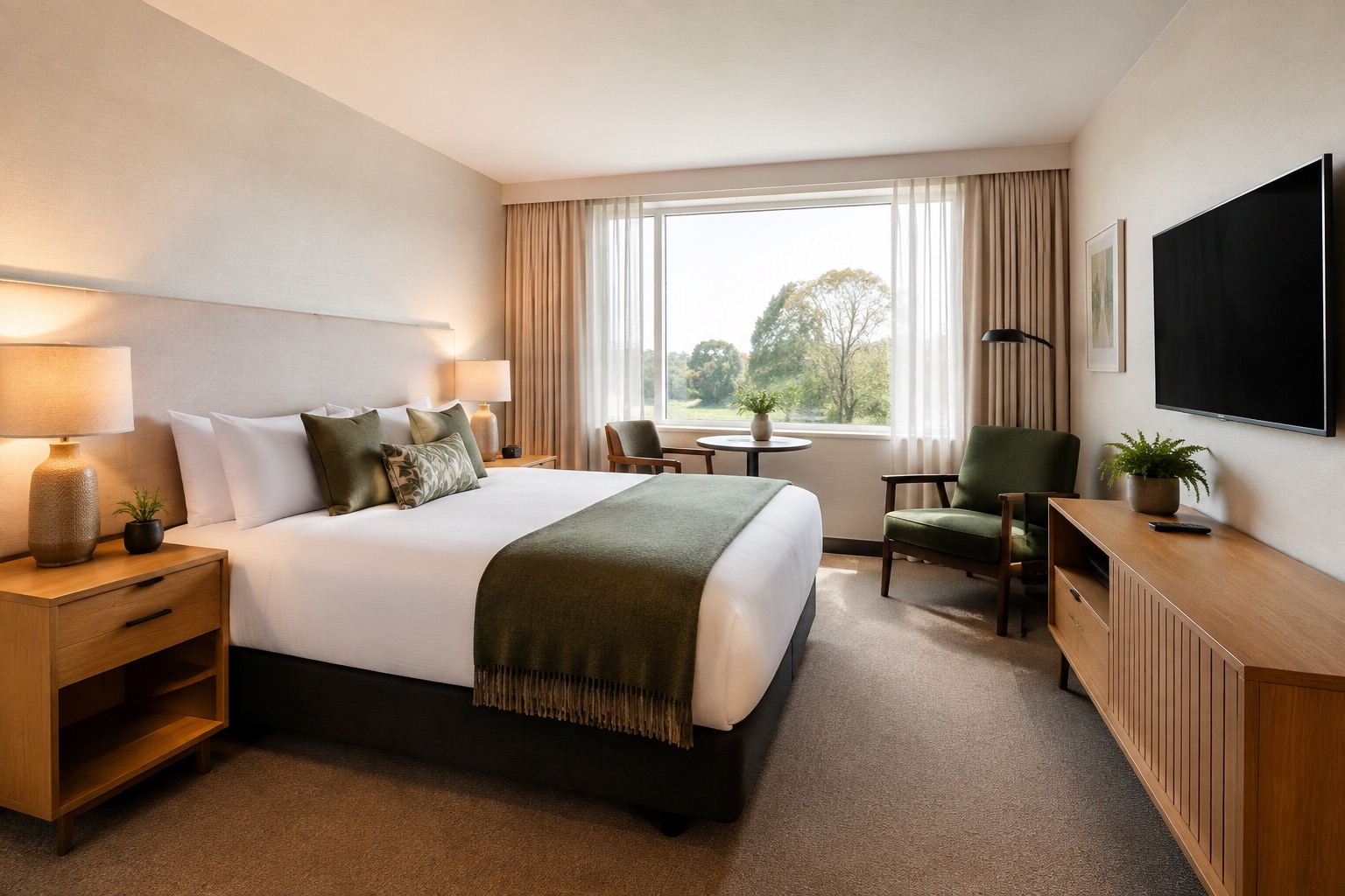 Modern hotel room refurbishment furniture and television.