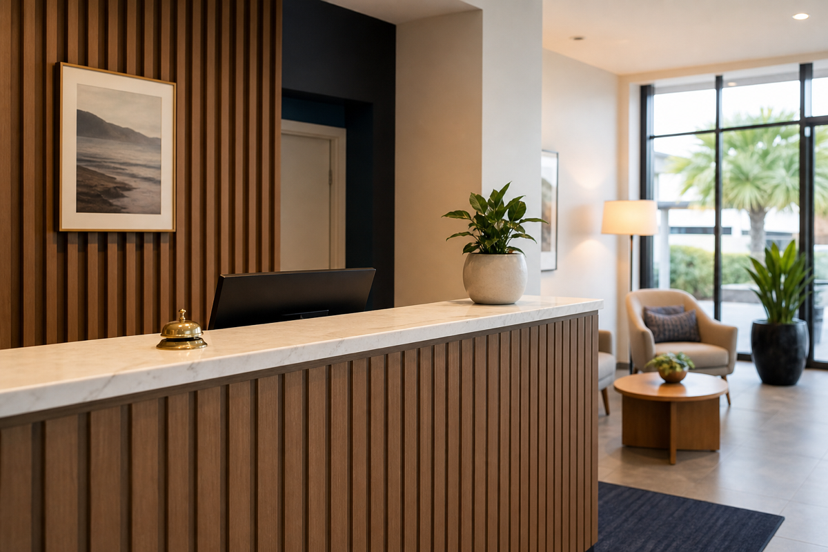 Modern accommodation reception desk for hospitality reception hours tip