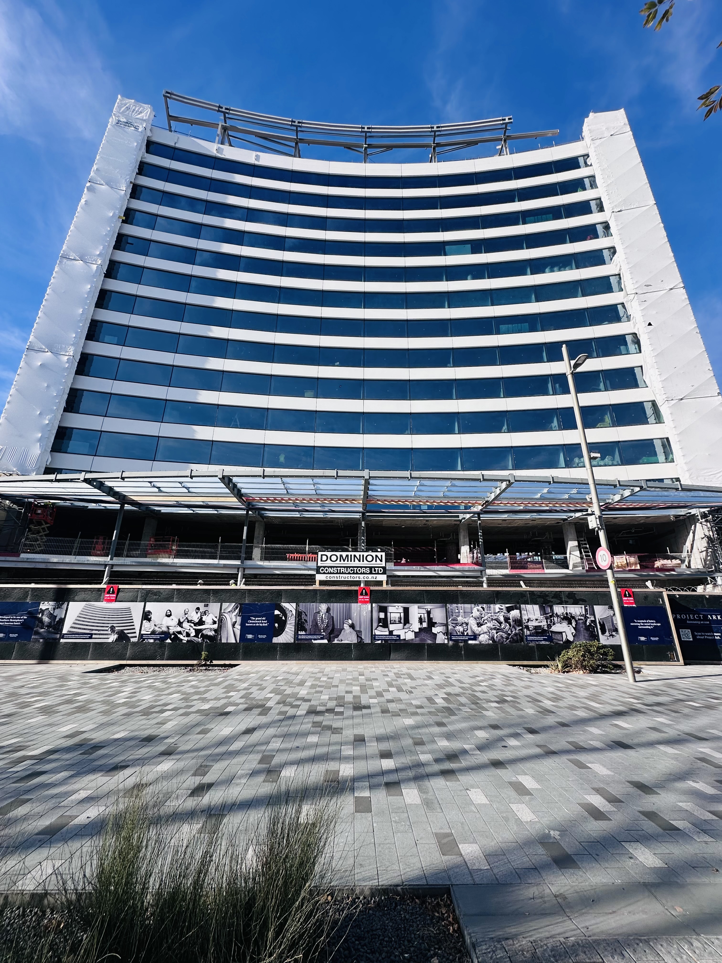The curved façade of the future Sheraton Christchurch under construction on Oxford Terrace.